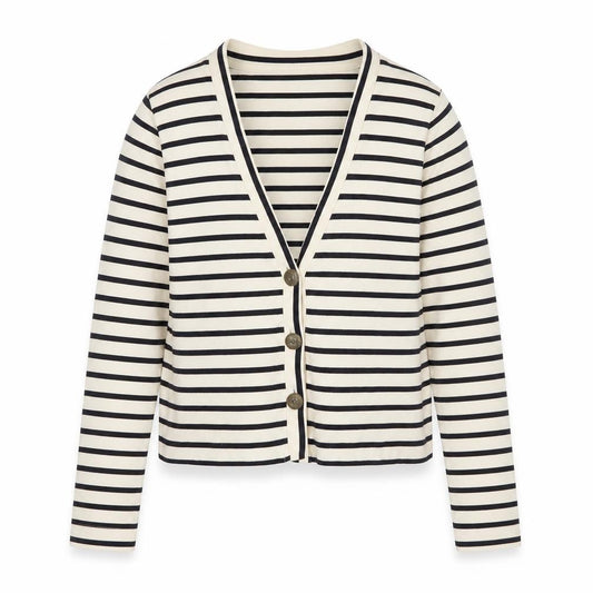 MNG Women’s Ivory Black Striped Cropped V-Neck Button Cardigan S