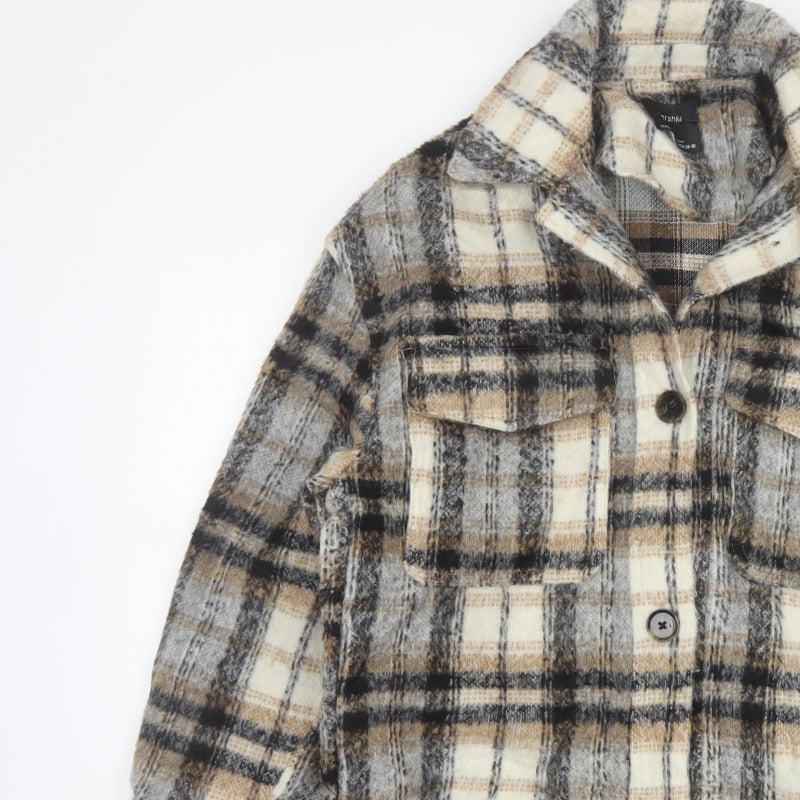 Bershka Men's Grey Plaid Wool Blend Basic Jacket M-L