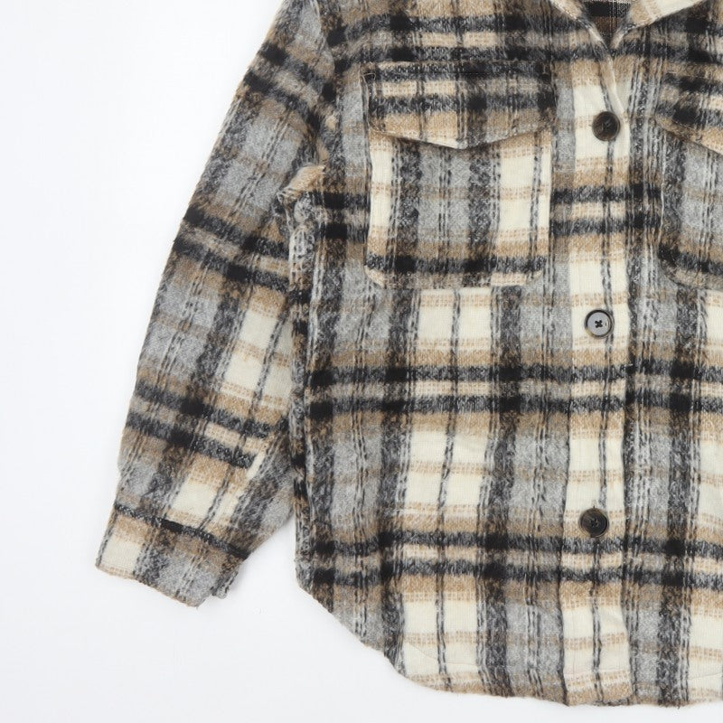 Bershka Men's Grey Plaid Wool Blend Basic Jacket M-L