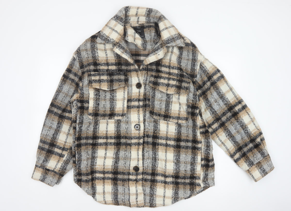 Bershka Men's Grey Plaid Wool Blend Basic Jacket M-L