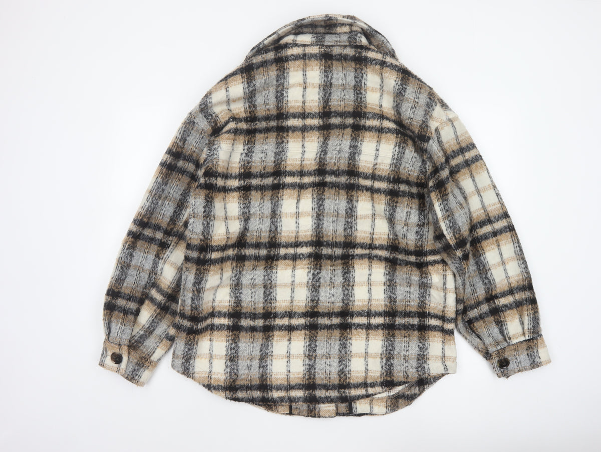 Bershka Men's Grey Plaid Wool Blend Basic Jacket M-L