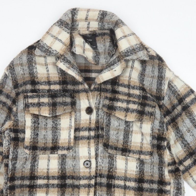 Bershka Men's Grey Plaid Wool Blend Basic Jacket M-L