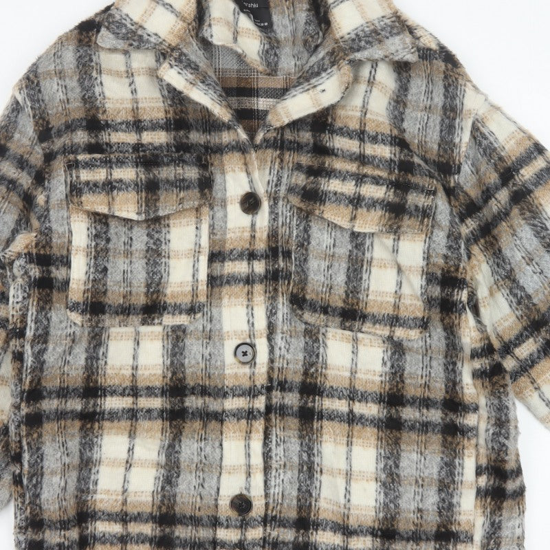 Bershka Men's Grey Plaid Wool Blend Basic Jacket M-L
