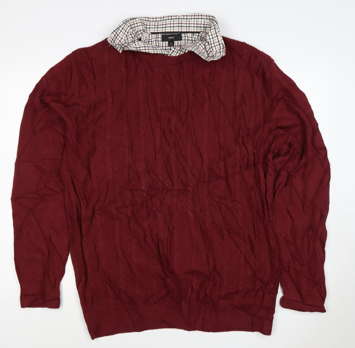 Next Men’s Red XL Cable Knit Checked Collar Cotton Pullover Jumper