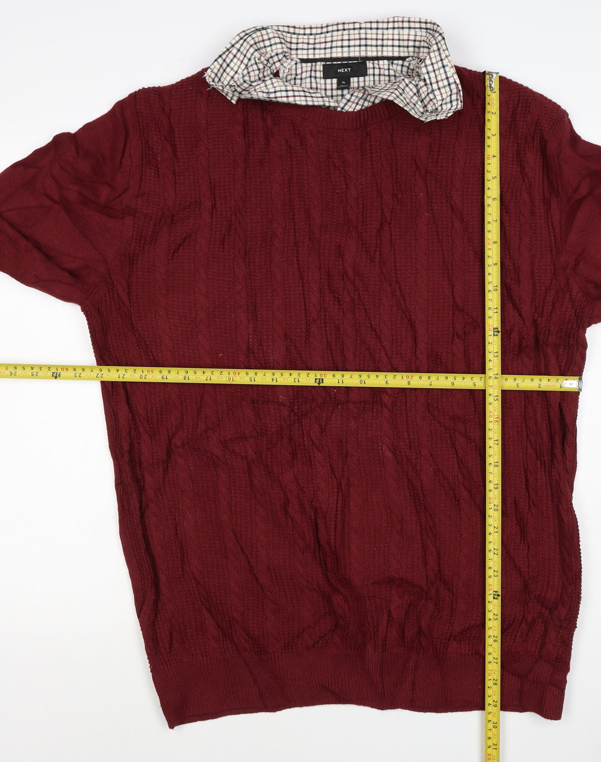 Next Men’s Red XL Cable Knit Checked Collar Cotton Pullover Jumper