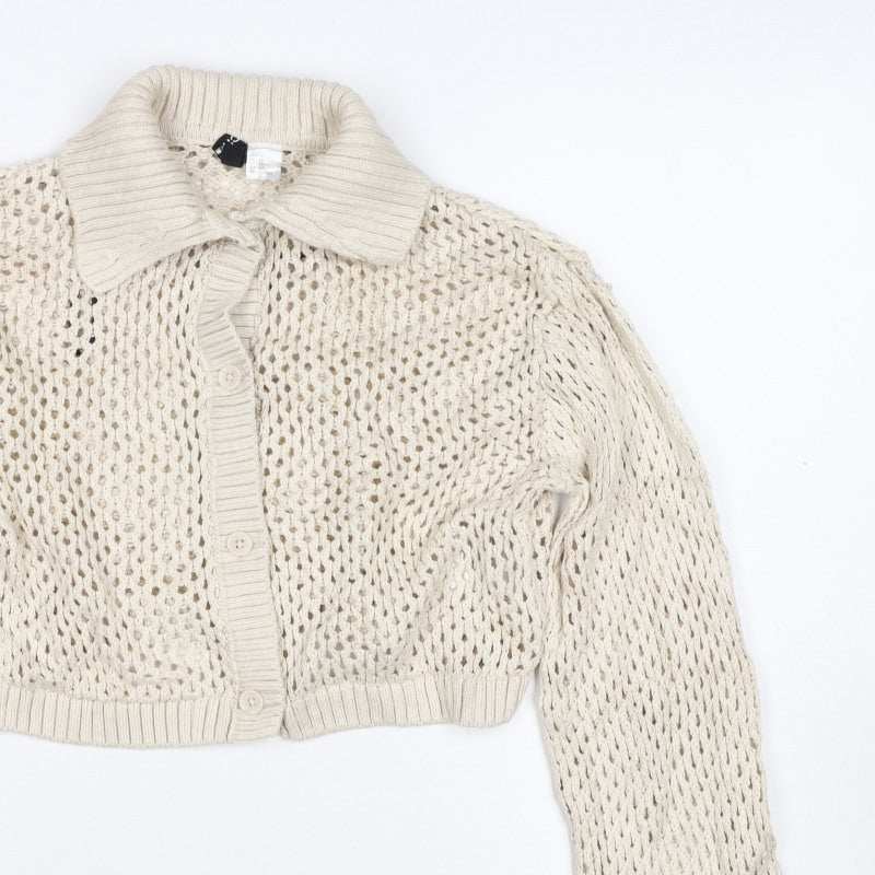 Civvico Women Ivory XS Open-Knit Cropped Button Collared Cardigan