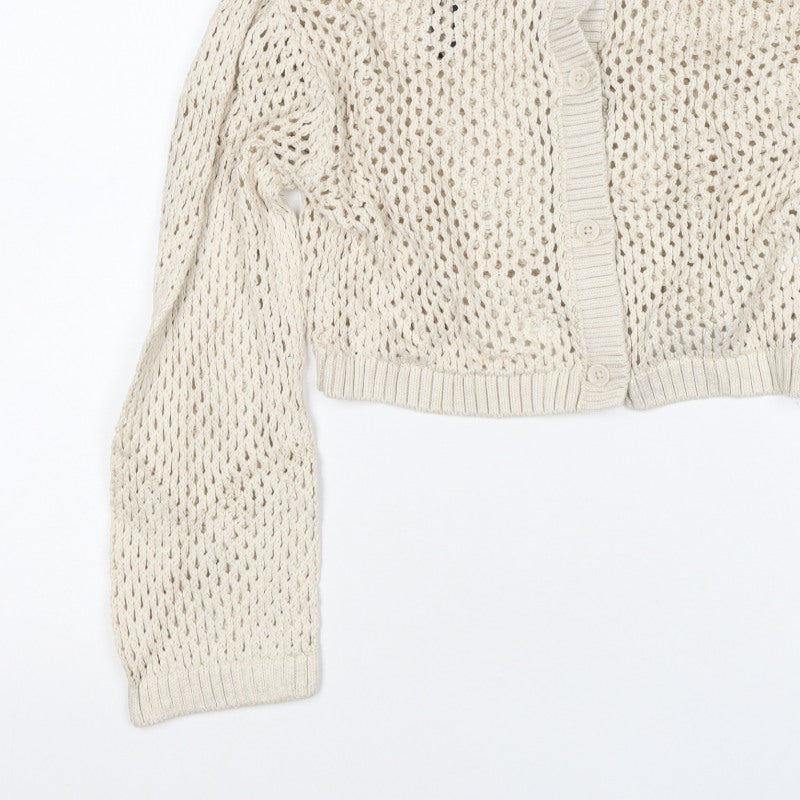 Civvico Women Ivory XS Open-Knit Cropped Button Collared Cardigan