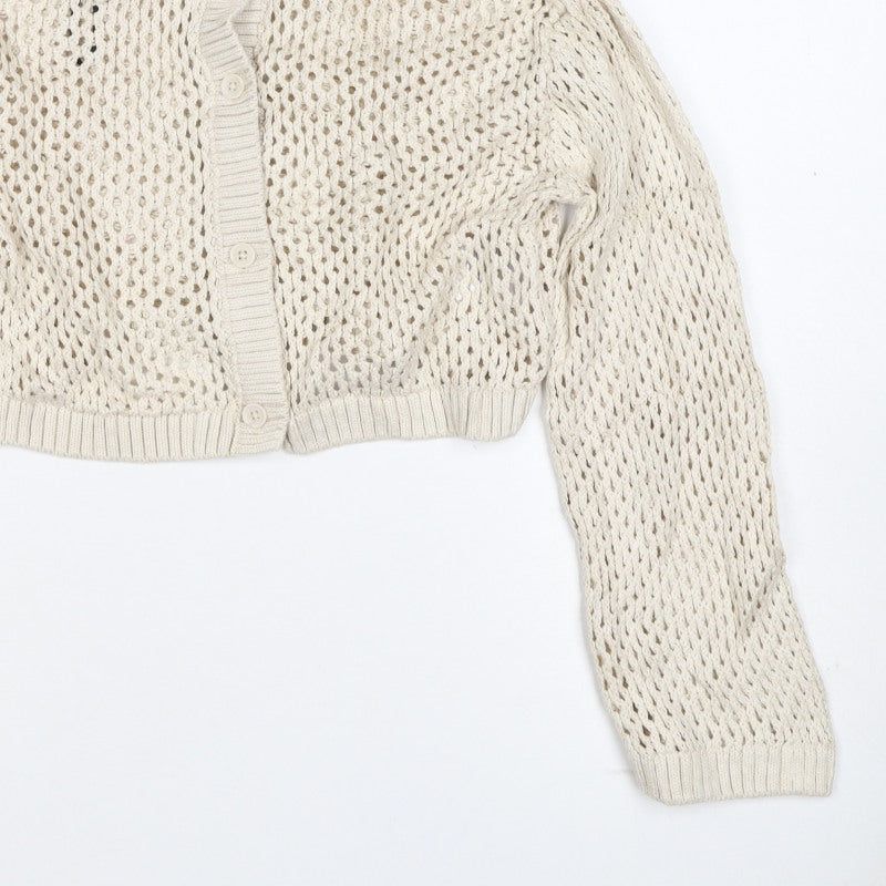 Civvico Women Ivory XS Open-Knit Cropped Button Collared Cardigan