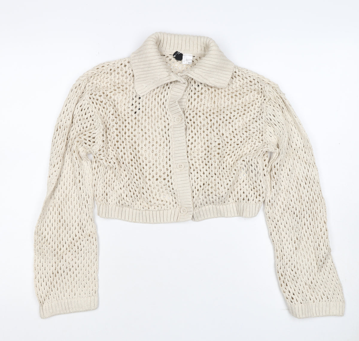 Civvico Women Ivory XS Open-Knit Cropped Button Collared Cardigan
