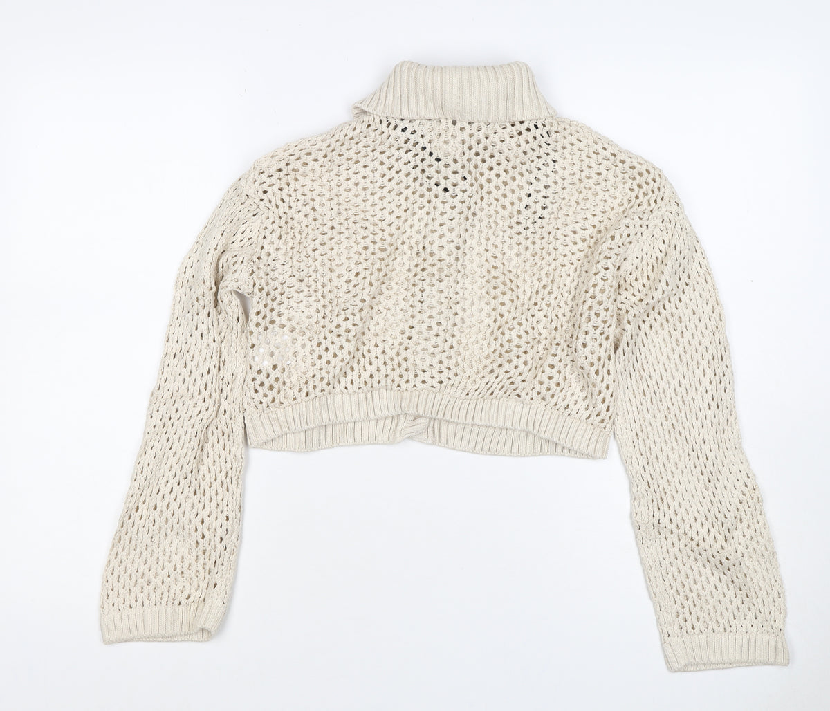 Civvico Women Ivory XS Open-Knit Cropped Button Collared Cardigan