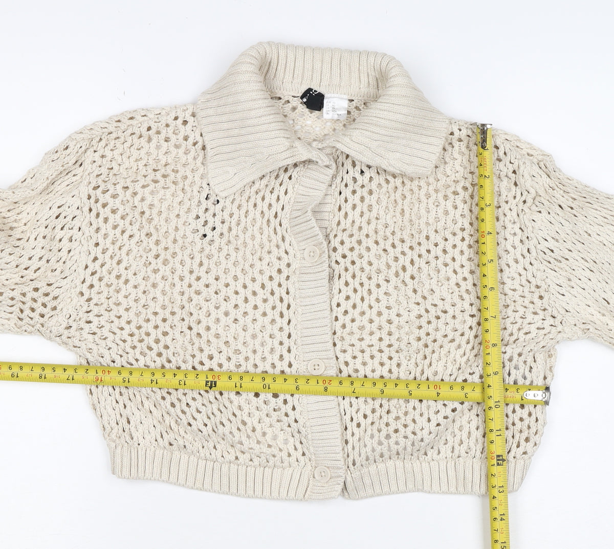 Civvico Women Ivory XS Open-Knit Cropped Button Collared Cardigan