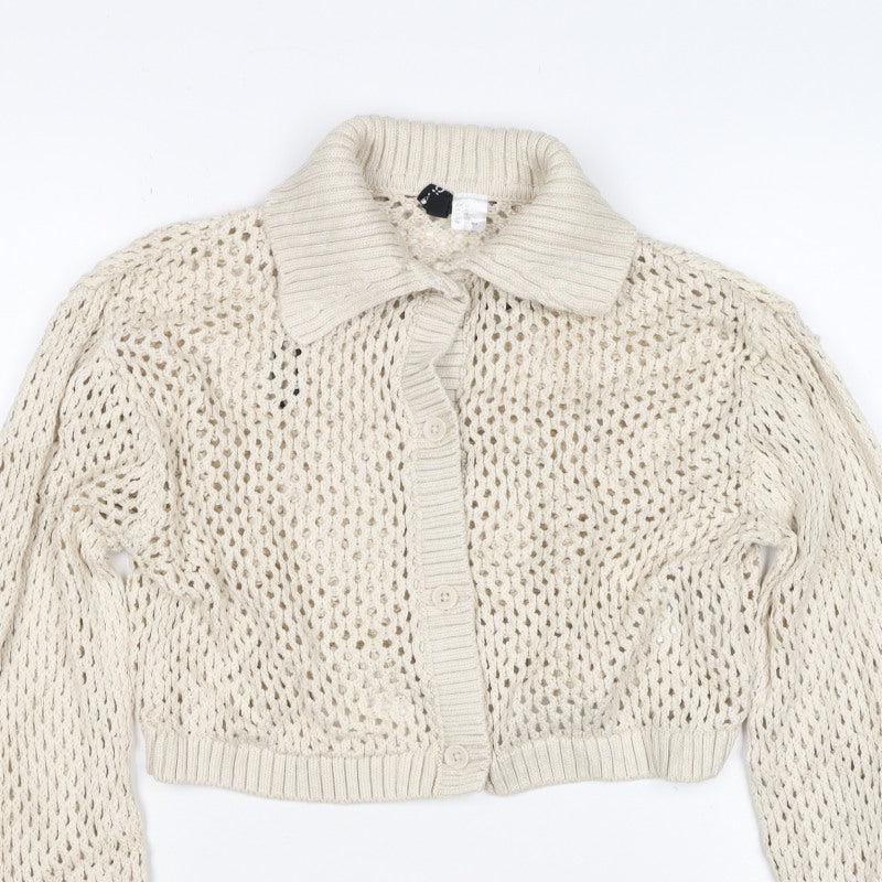 Civvico Women Ivory XS Open-Knit Cropped Button Collared Cardigan