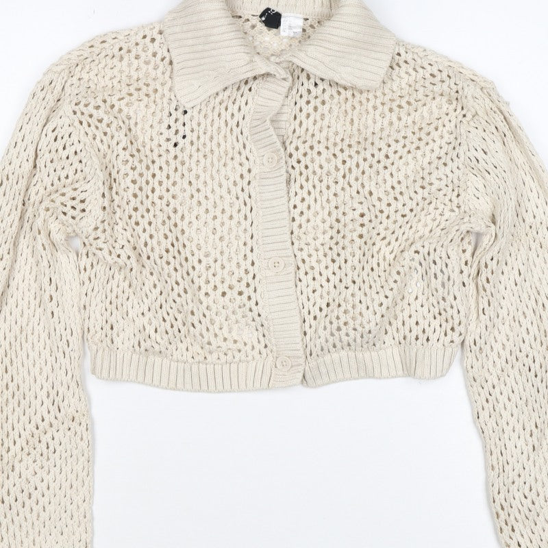 Civvico Women Ivory XS Open-Knit Cropped Button Collared Cardigan