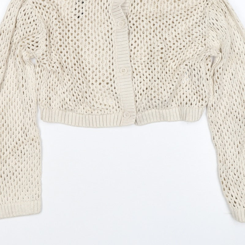 Civvico Women Ivory XS Open-Knit Cropped Button Collared Cardigan