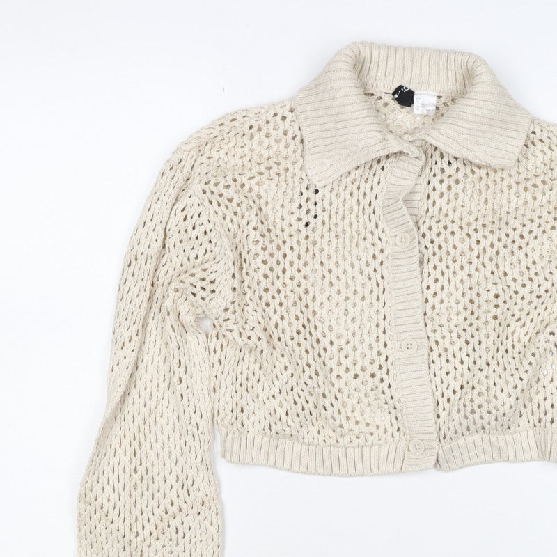 Civvico Women Ivory XS Open-Knit Cropped Button Collared Cardigan