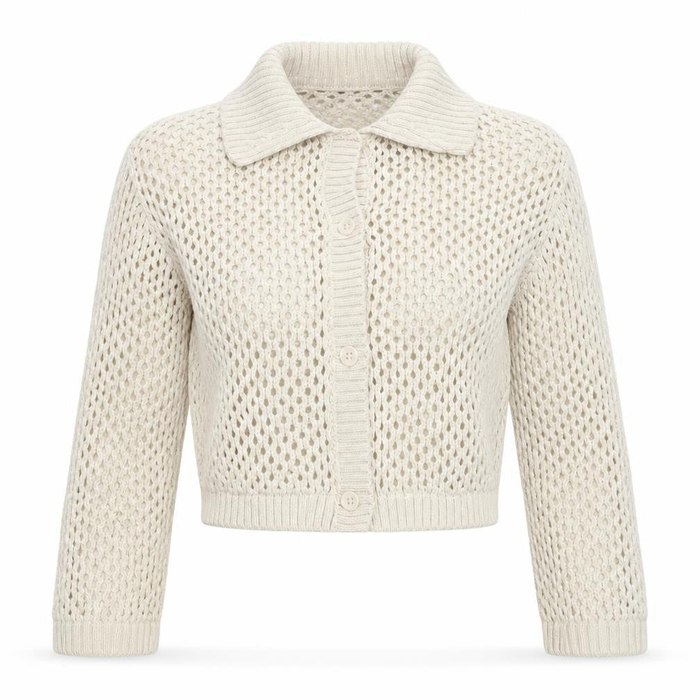 Civvico Women Ivory XS Open-Knit Cropped Button Collared Cardigan