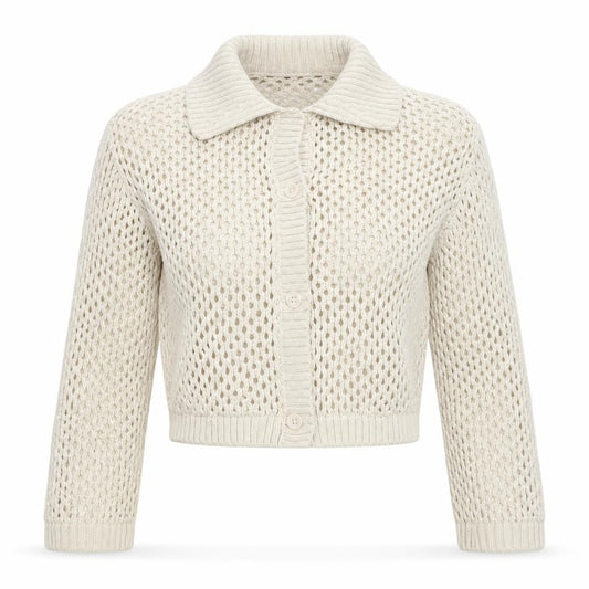 Civvico Women Ivory XS Open-Knit Cropped Button Collared Cardigan