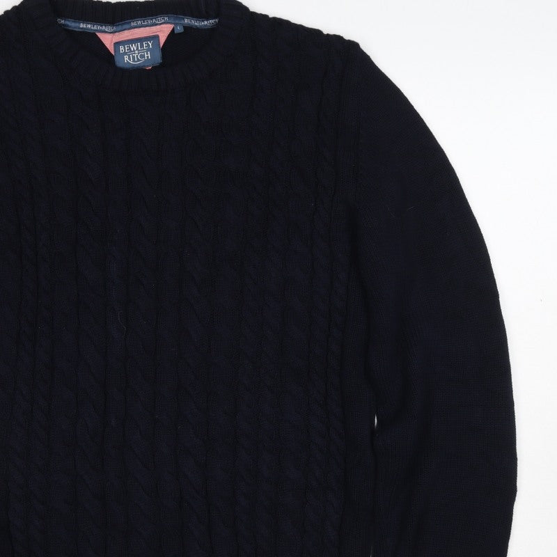 Bewley & Ritch Men’s Navy L Cable Knit Crew Neck Cotton Jumper