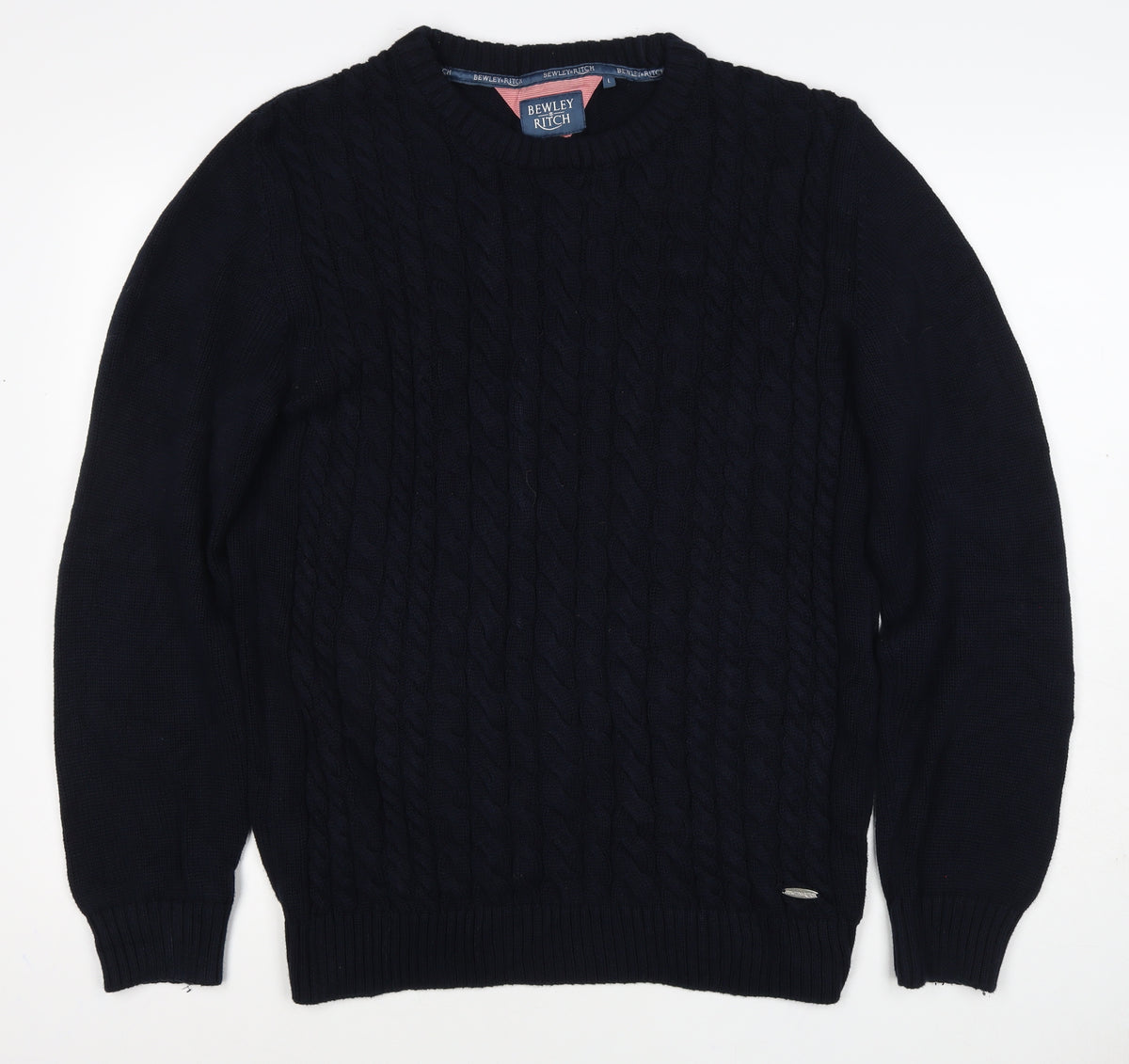 Bewley & Ritch Men’s Navy L Cable Knit Crew Neck Cotton Jumper