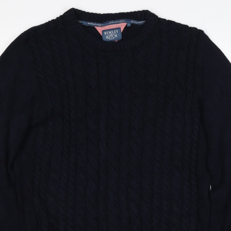 Bewley & Ritch Men’s Navy L Cable Knit Crew Neck Cotton Jumper