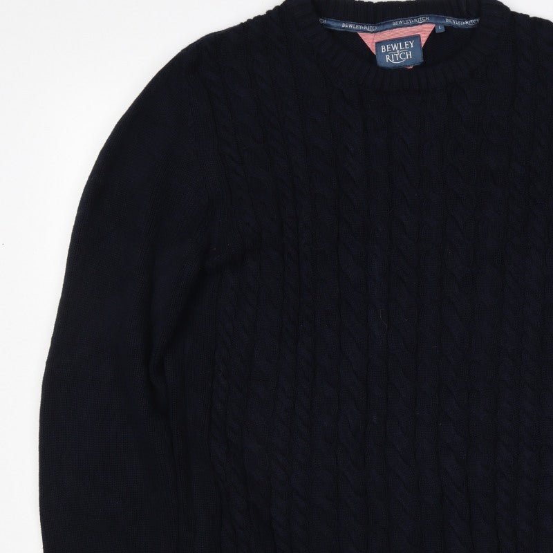 Bewley & Ritch Men’s Navy L Cable Knit Crew Neck Cotton Jumper