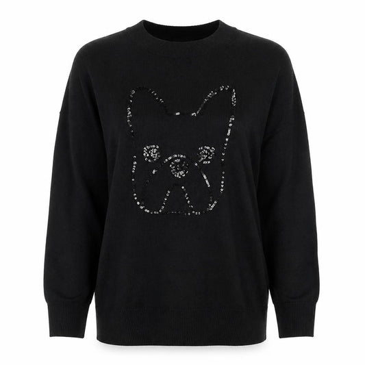Song of Life Women's Black M Sequin Cat Crew Neck Knit Jumper