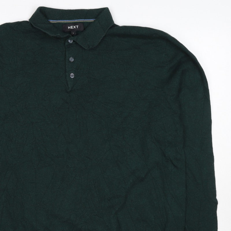 Next Men’s Green L Collared Button Henley Cotton Knit Jumper