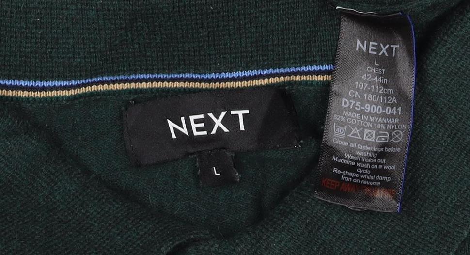 Next Men’s Green L Collared Button Henley Cotton Knit Jumper
