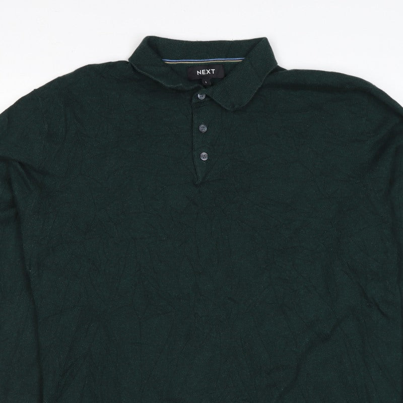 Next Men’s Green L Collared Button Henley Cotton Knit Jumper