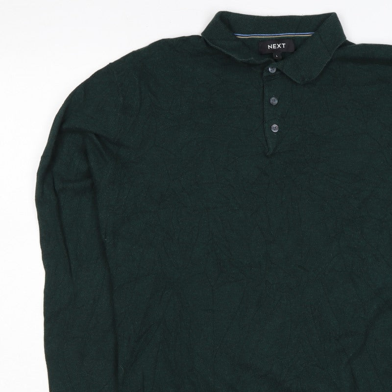 Next Men’s Green L Collared Button Henley Cotton Knit Jumper
