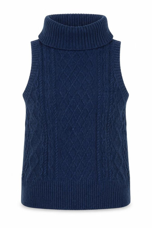 Seasalt Cornwall Women Blue UK 12 Cable Knit Roll Neck Sleeveless Jumper