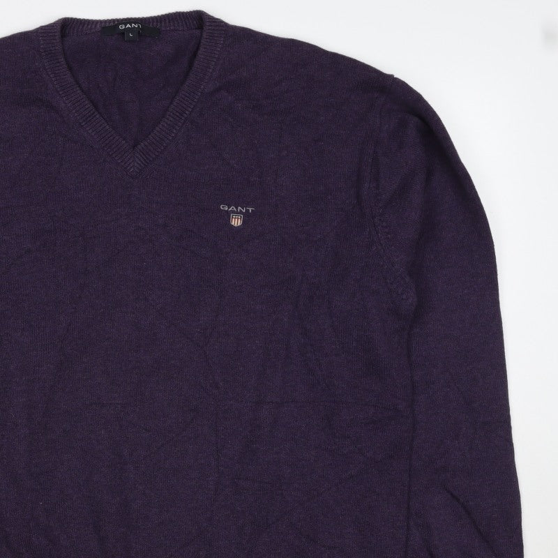 GANT Men's Purple V-Neck Cotton Logo Pullover Jumper Size L