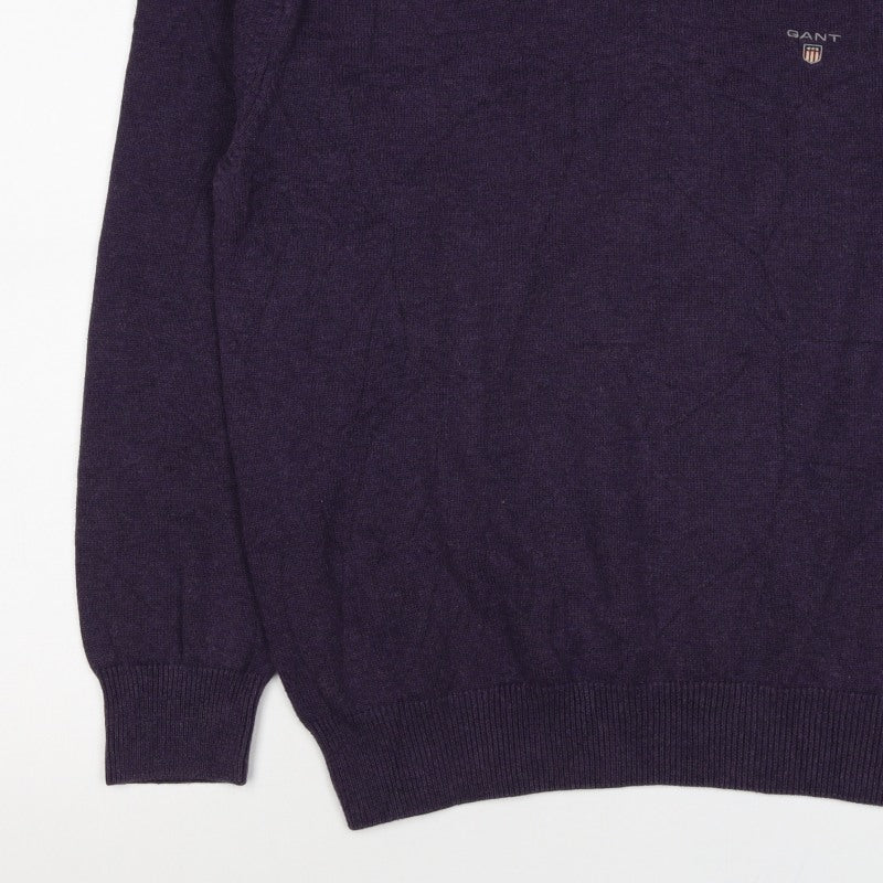 GANT Men's Purple V-Neck Cotton Logo Pullover Jumper Size L