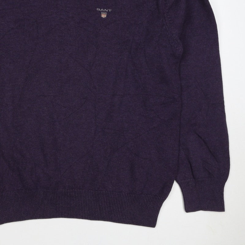 GANT Men's Purple V-Neck Cotton Logo Pullover Jumper Size L