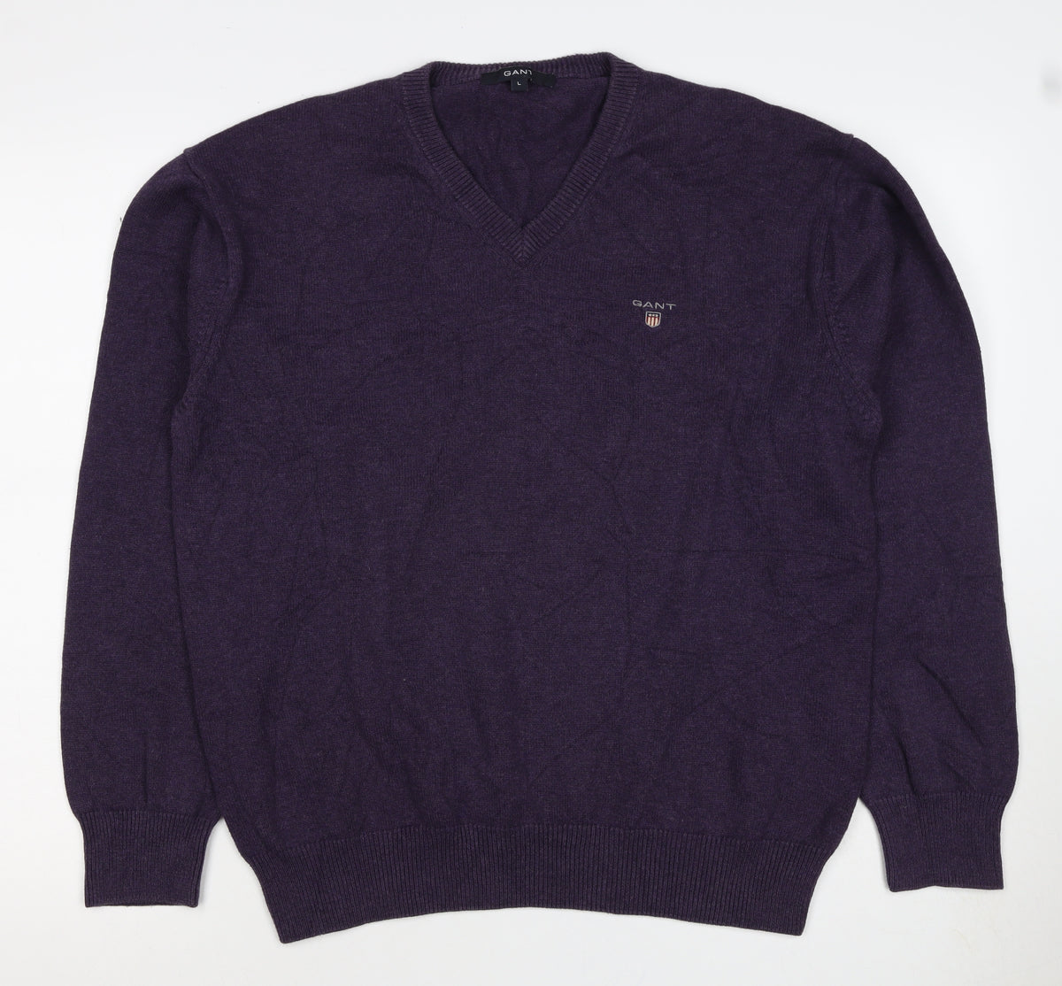 GANT Men's Purple V-Neck Cotton Logo Pullover Jumper Size L