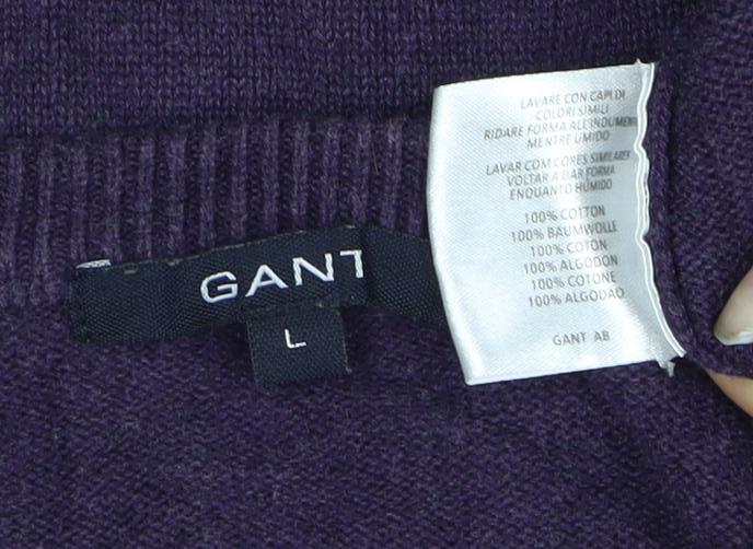 GANT Men's Purple V-Neck Cotton Logo Pullover Jumper Size L