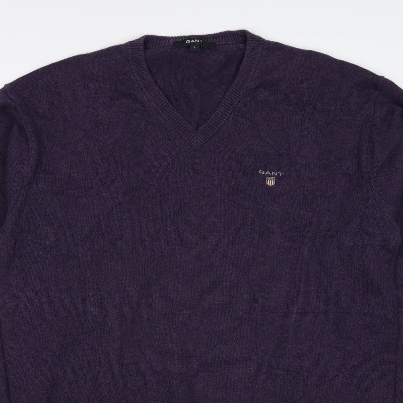 GANT Men's Purple V-Neck Cotton Logo Pullover Jumper Size L
