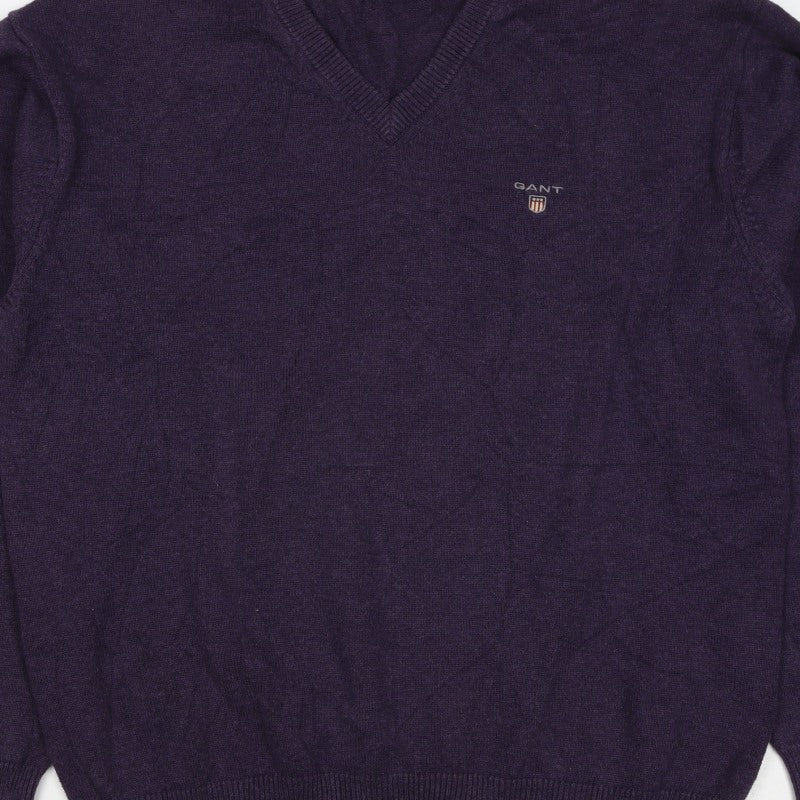 GANT Men's Purple V-Neck Cotton Logo Pullover Jumper Size L