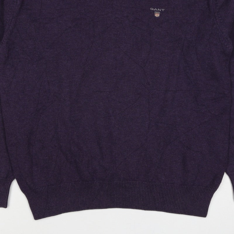 GANT Men's Purple V-Neck Cotton Logo Pullover Jumper Size L