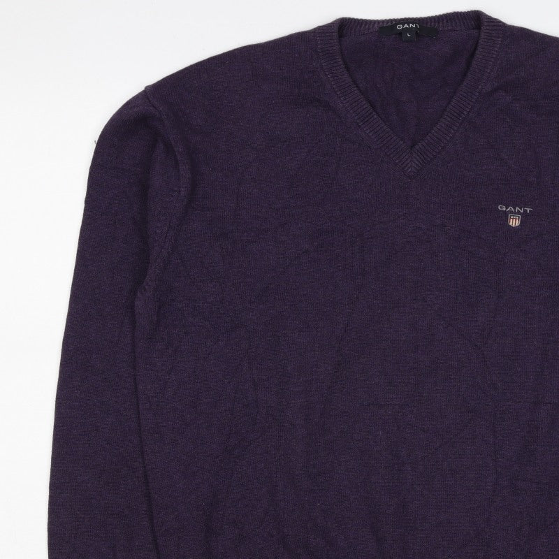 GANT Men's Purple V-Neck Cotton Logo Pullover Jumper Size L