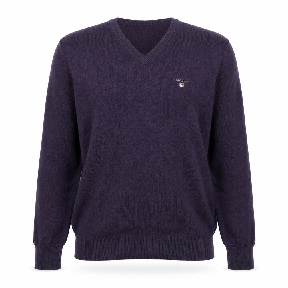 GANT Men's Purple V-Neck Cotton Logo Pullover Jumper Size L