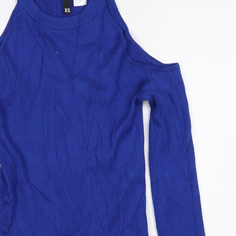 Divided Women Blue XS Ribbed Cold Shoulder Mock Neck Jumper