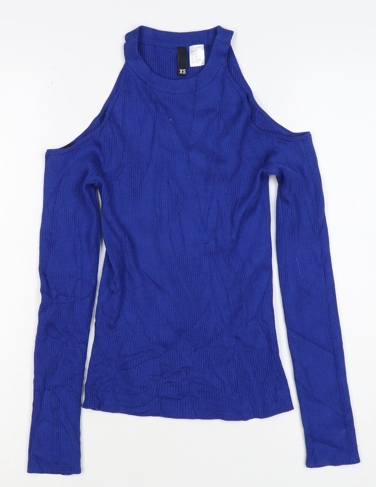 Divided Women Blue XS Ribbed Cold Shoulder Mock Neck Jumper