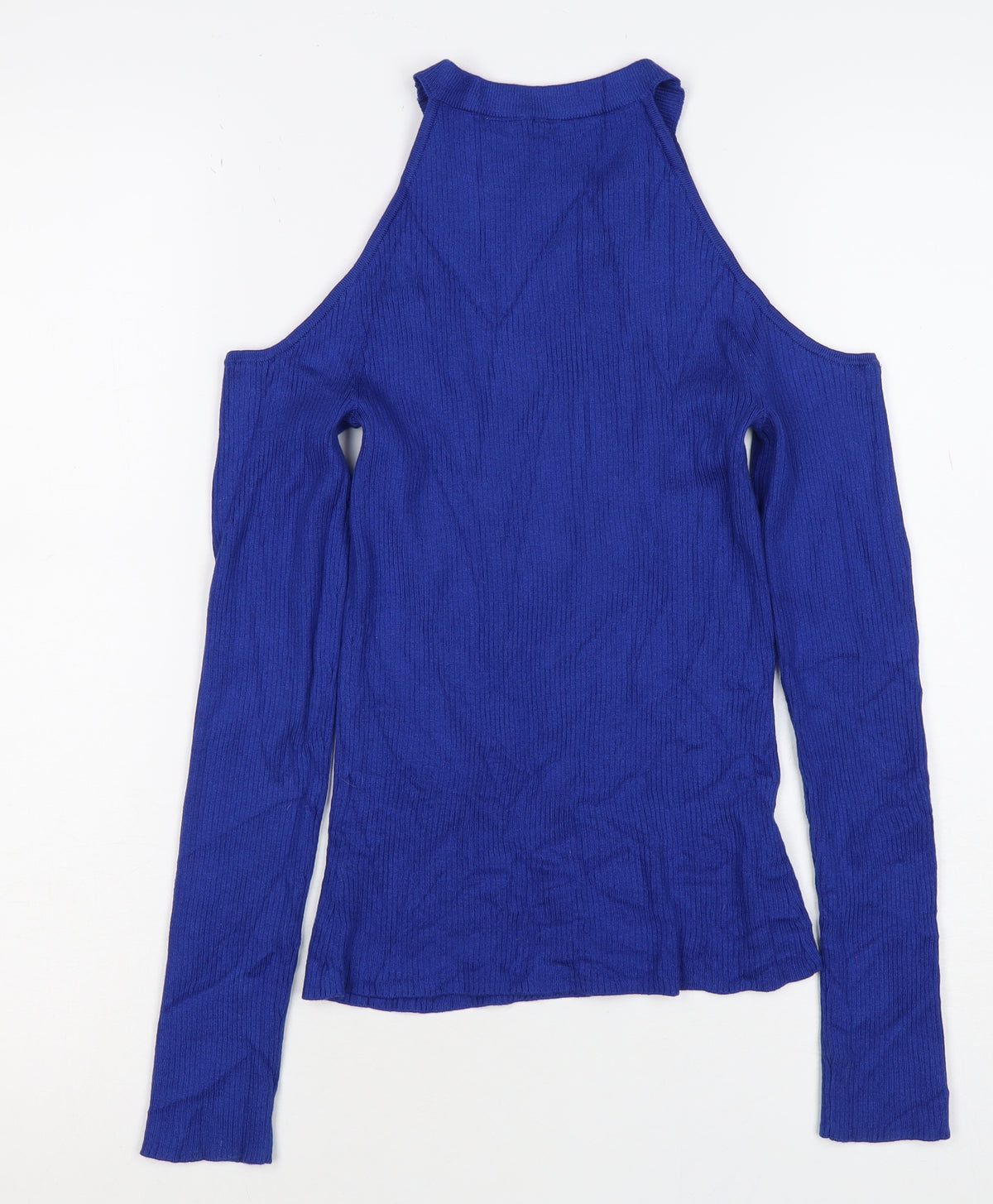 Divided Women Blue XS Ribbed Cold Shoulder Mock Neck Jumper