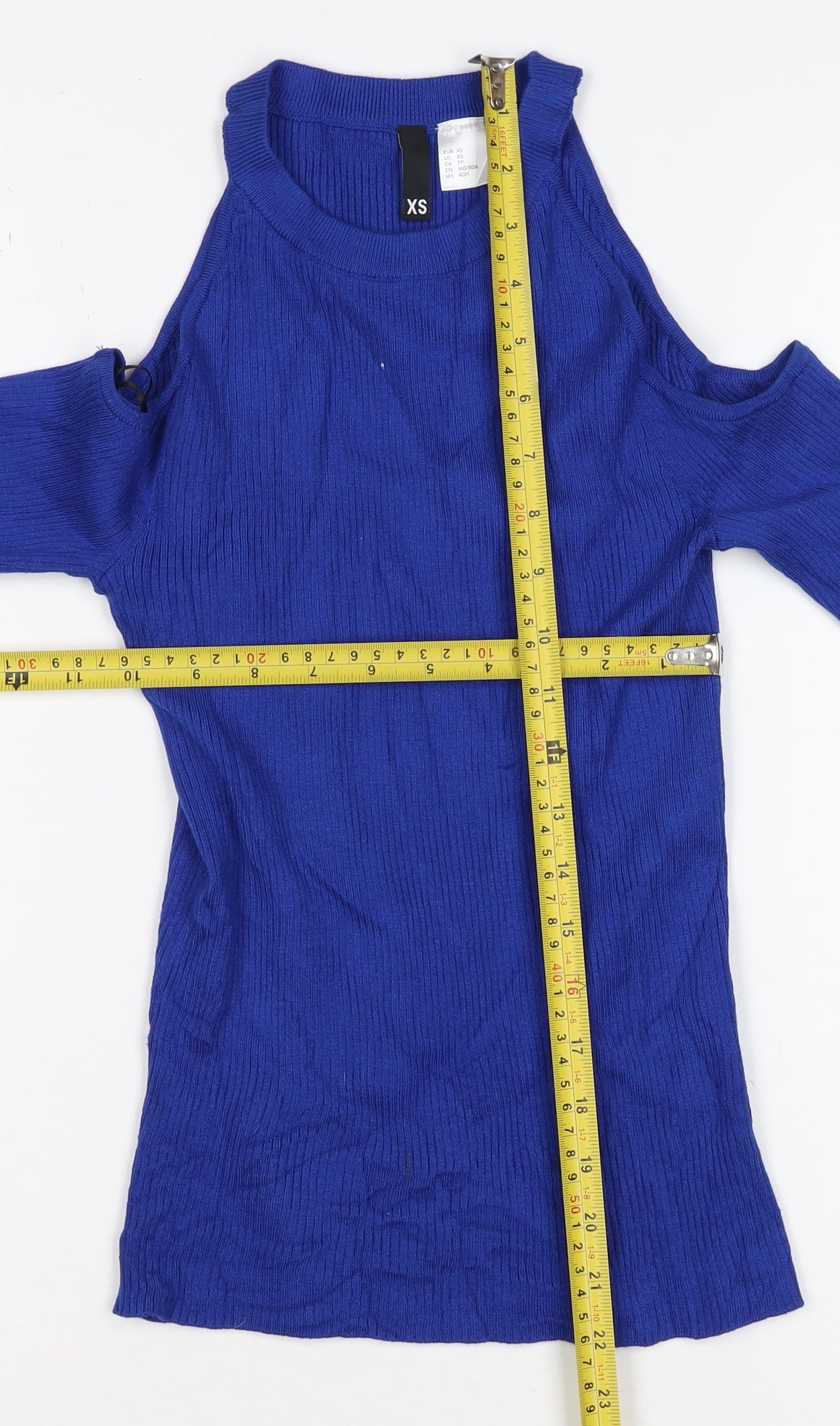 Divided Women Blue XS Ribbed Cold Shoulder Mock Neck Jumper