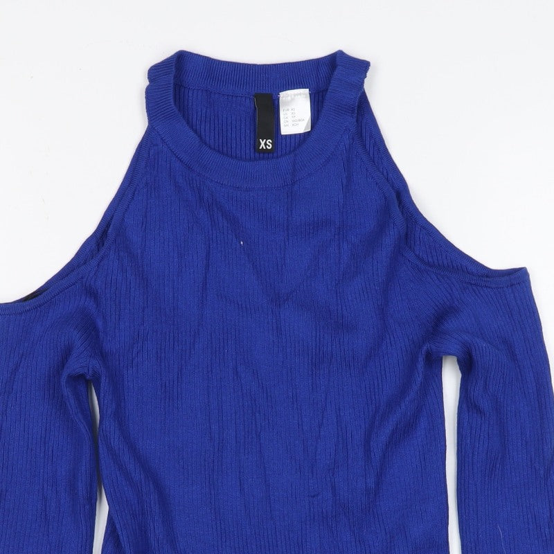 Divided Women Blue XS Ribbed Cold Shoulder Mock Neck Jumper