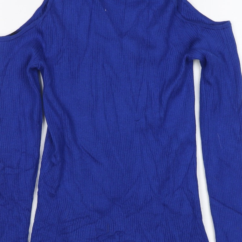 Divided Women Blue XS Ribbed Cold Shoulder Mock Neck Jumper