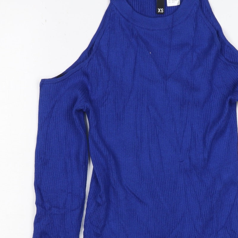 Divided Women Blue XS Ribbed Cold Shoulder Mock Neck Jumper
