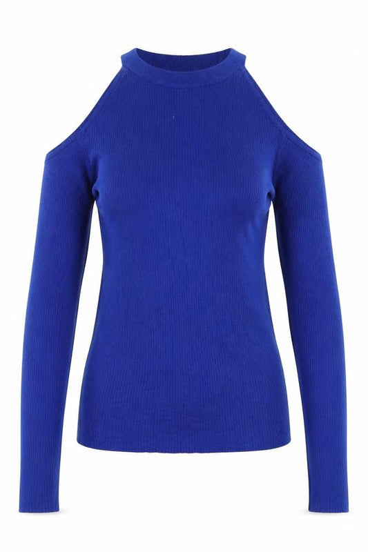 Divided Women Blue XS Ribbed Cold Shoulder Mock Neck Jumper