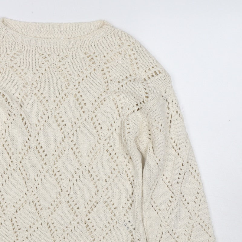 M&S Women Ivory UK 12 Open Knit Argyle Cotton Pullover Jumper